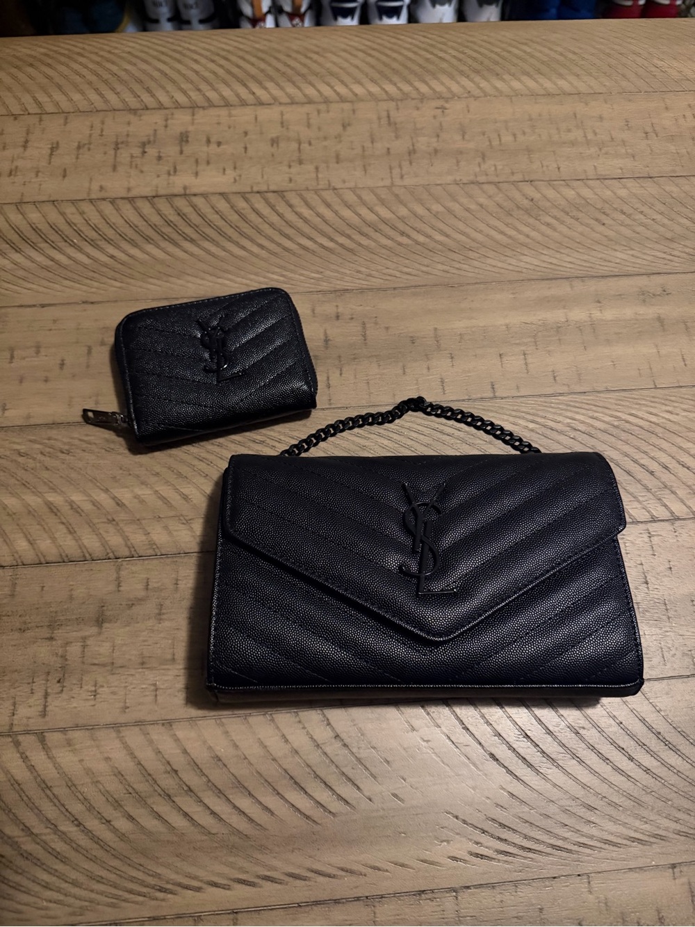 Y S L Black Quilted Chevron Leather Envelope Wallet with Chain and Wallet